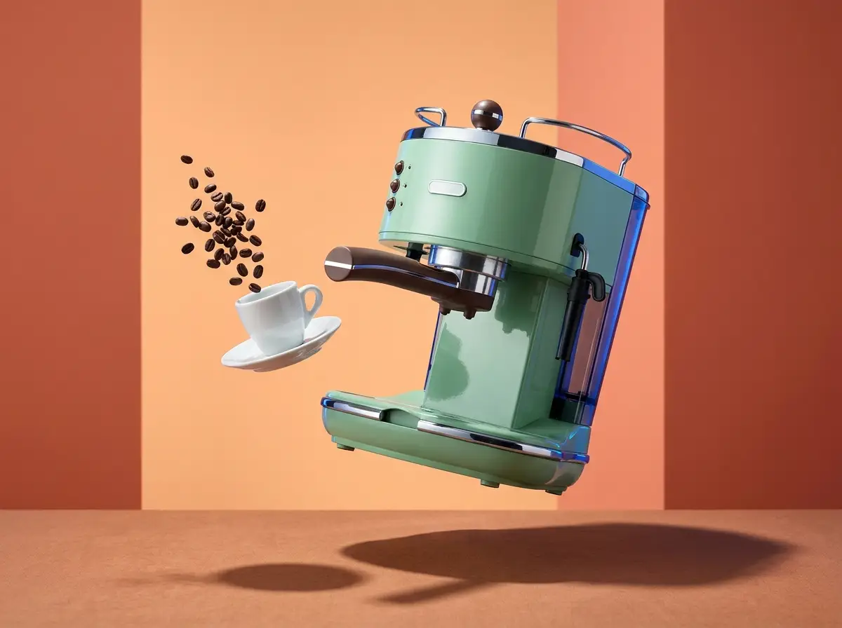 Hogar: cafetera retro flotando