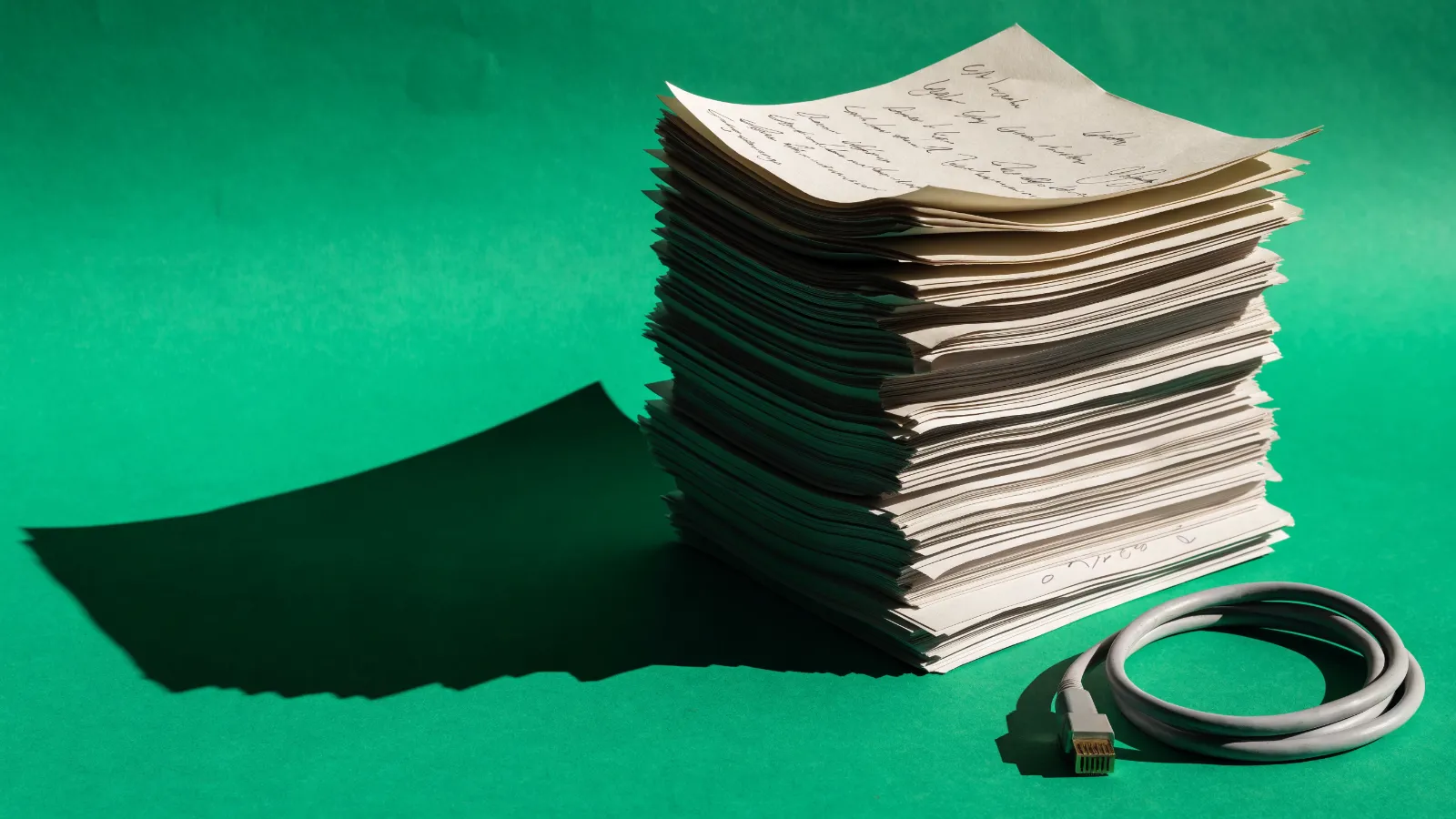 Una pila alta de notas de pedido escritas a mano junto a un cable de red enrollado, sobre fondo verde